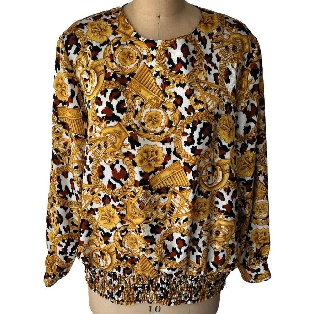 Vintage 80s Gold Baroque Animal Print Blouse XXL